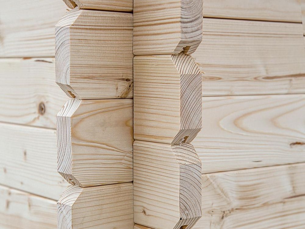WOODTEX Naturbelassen Gartenhaus Blockbohlenhaus CA2988 28 mm, Gartenhaus mit Anbau 4 m, Blockbohlenhaus aus Fichte, Doppelflügeltür mit Echtglas, Fenster, Sturmleisten, Chalet Verbindung