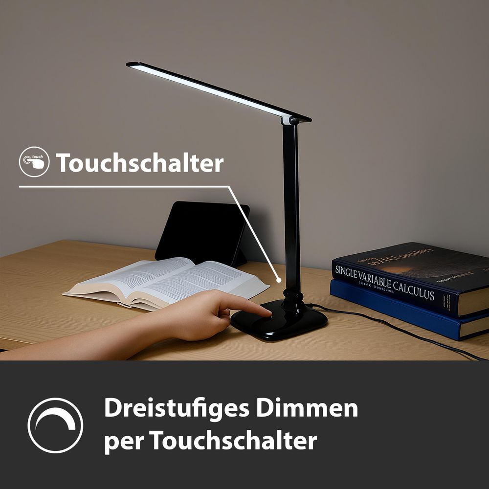 Schwarze LED-Tischlampe mit Touchschalter auf Kindertisch, daneben Zeichnung und Buntstifte.
