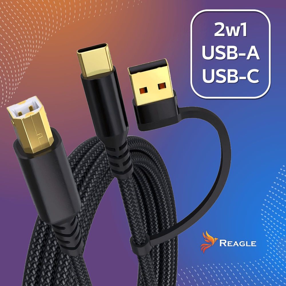 REAGLE USB KABEL FÜR DRUCKER 3M SCANNER 2IN1 USB-A USB-B HP BROTHER EPSON +USB-C Universelle Verbindung mit modernen und älteren Computern und Laptops