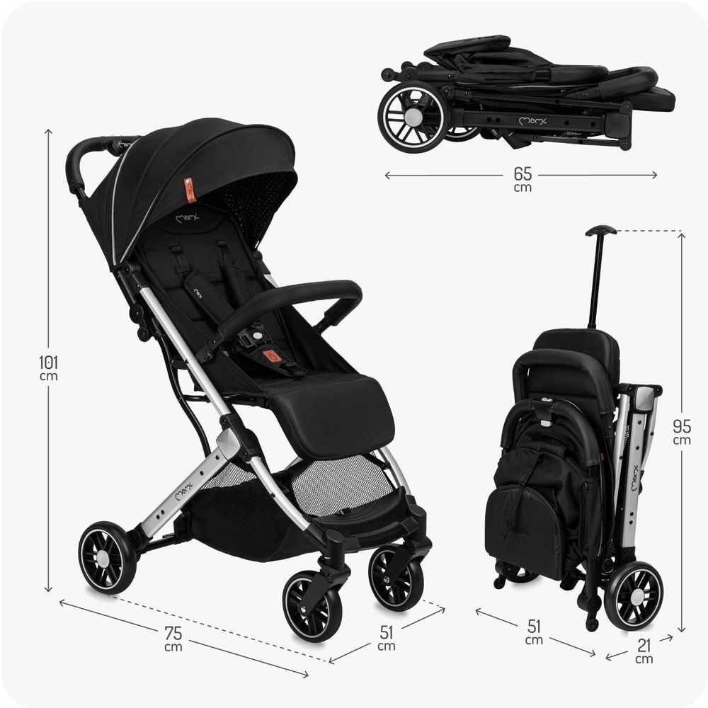 MoMi ESTELLE LIGHT – Ultraleichter Baby Kompaktbuggy 7,7 kg mit Einhand-Faltung, Trolley-Funktion & XL-Dach, ideal für Reisen – Schwarz/Silber