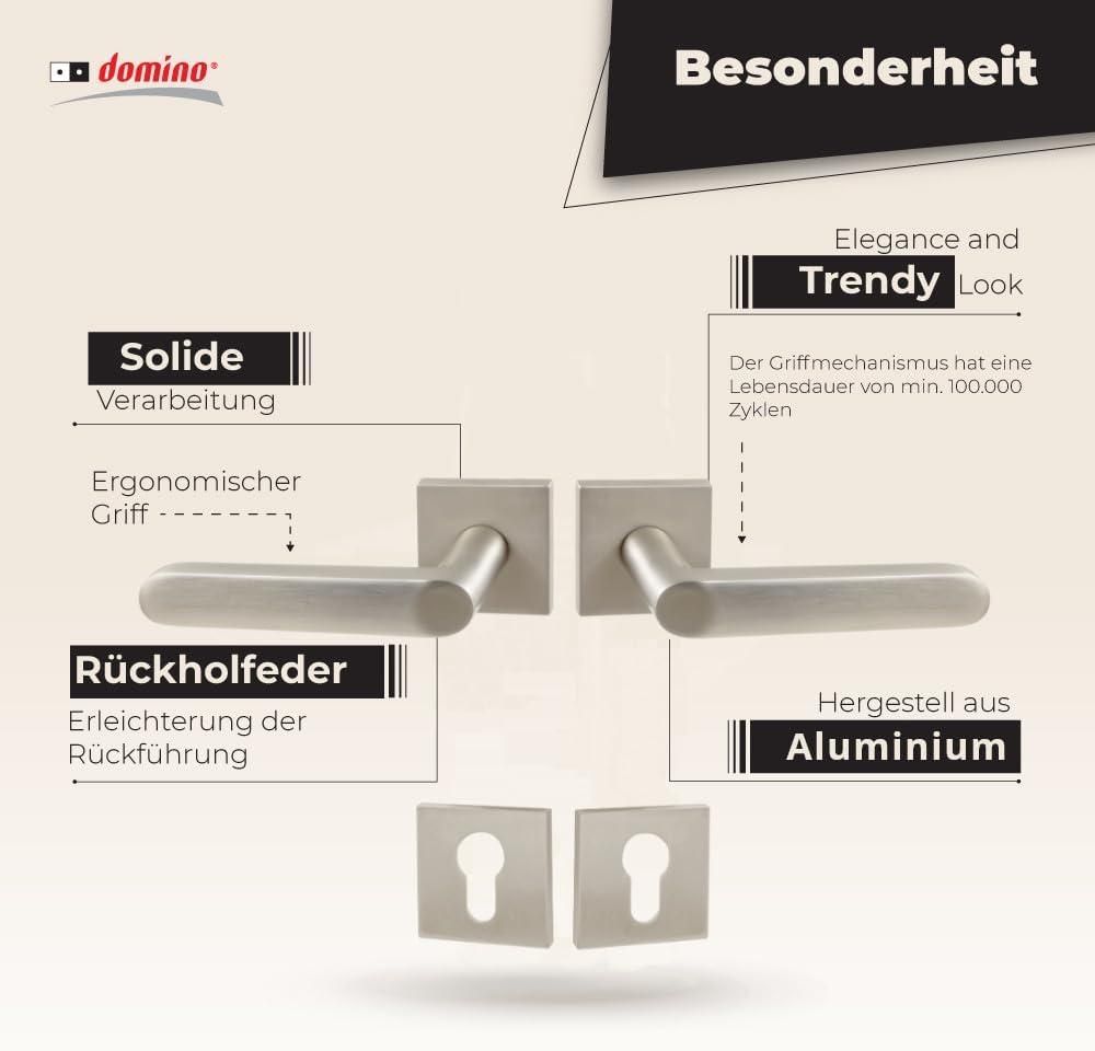 DOMINO Türgriff Drückergarnitur PZ - Profilzylinder Set | quadratische Rosette | Türklinke für Zimmertür, Bürotür, Kellertür & Innentür| Türbeschläge aus Aluminium| Satin Nickel Türdrückergarnitur | DENVER-QR SLIM SN