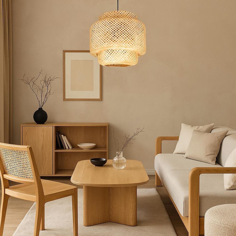 MasterLED Hängeleuchte Boho – E27 Fassung – Ø40 cm – Bambus & Schwarz – geflochtener Lampenschirm – modern für Wohnzimmer, Esszimmer & Küche