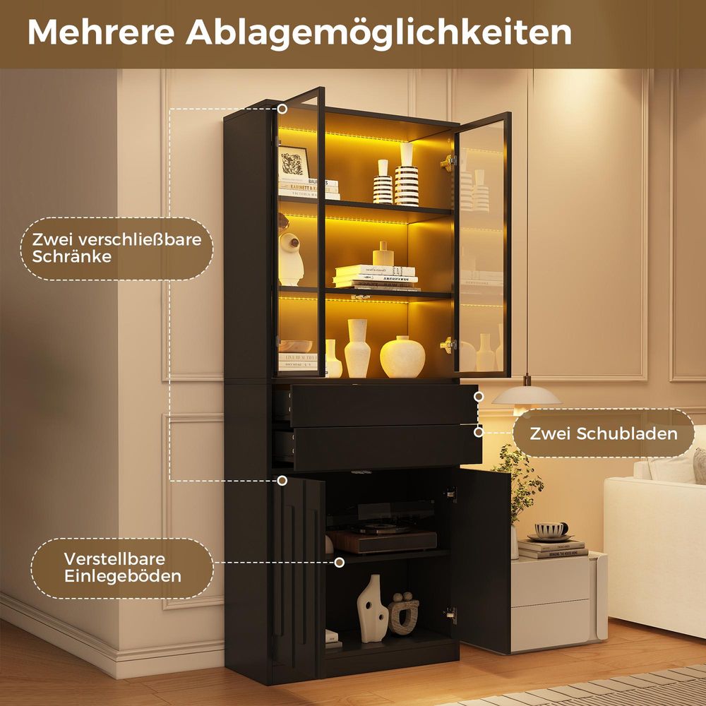 STILVORA Vitrinenschrank mit LED-Beleuchtung und 2 Schubladen, Glasvitrine mit Glastüren, Hochschrank für Wohnzimmer, Küche und Arbeitszimmer