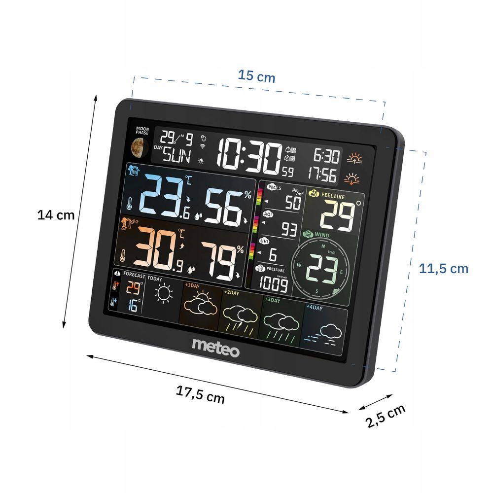Abmessungen und Stromversorgung der METEO SP400 WIFI Wetterstation