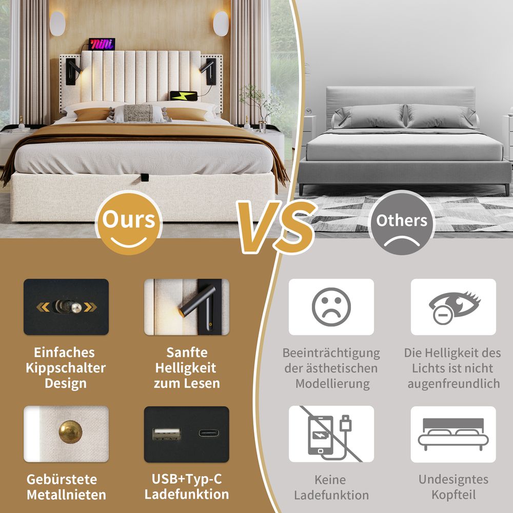 Flieks Polsterbett 160x200cm mit Leselampe, Doppelbett Stauraumbett Boxspringbett mit Ladefunktion (USB, Typ-C), Jugendbett mit Lattenrost, Baumwolle
