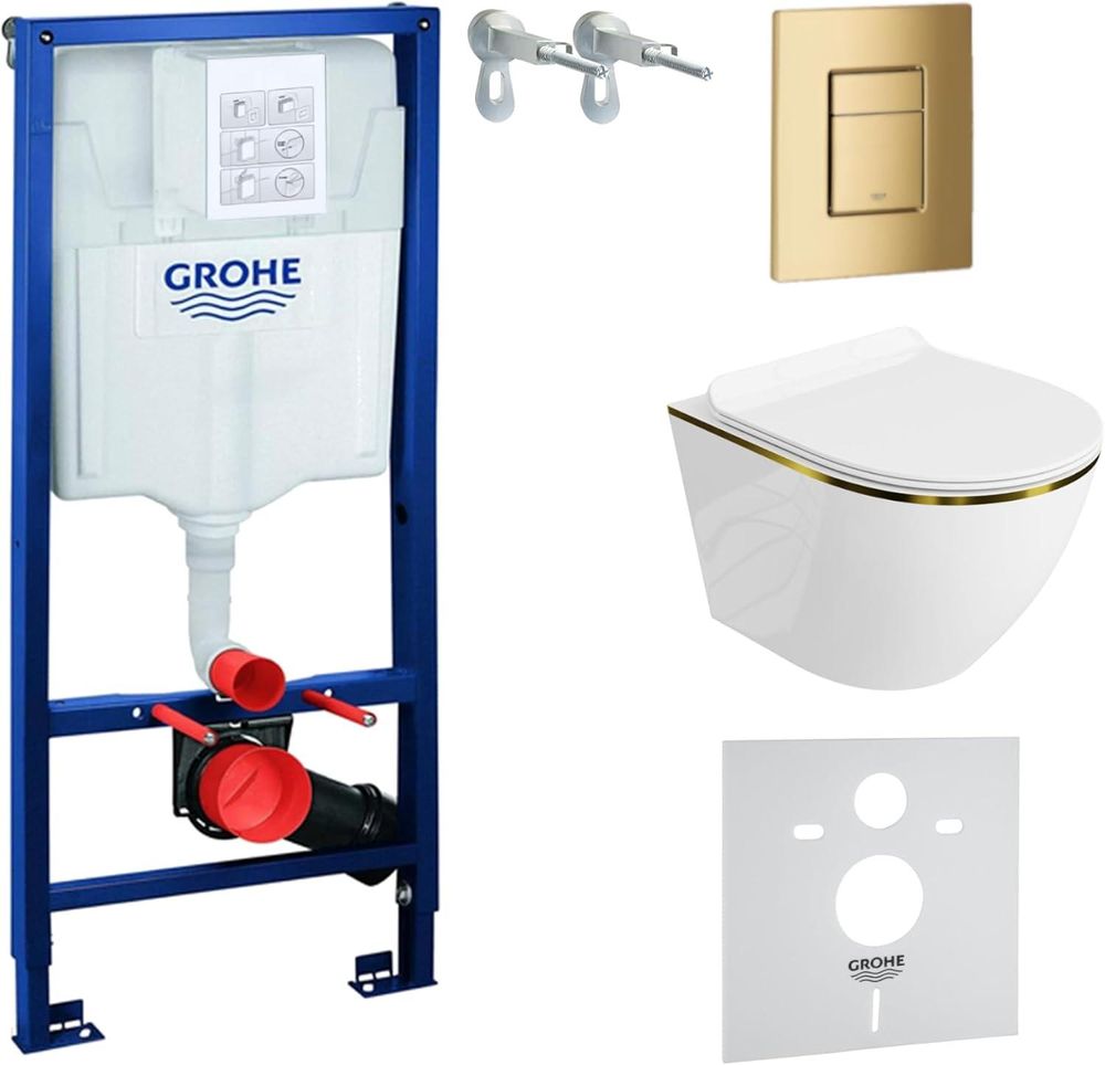 GROHE Vorwandelement Solido + Wand Hänge WC Sofi Slim Gold Line Spülrandlos + WC-Sitz SoftClose | Goldener Knopf | Komplettset | Unterputz Spülkasten | Toilette Komplett Sett