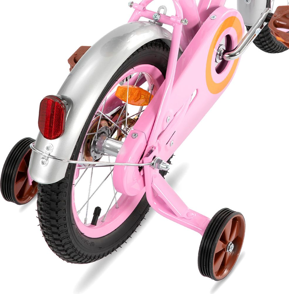 HILAND Stitch 16 Zoll Kinderfahrrad für Mädchen 5 6 7 8 9 Jahre alt mit Vorderkorb, Stützrädern, Schutzblech, Klingel, Beige