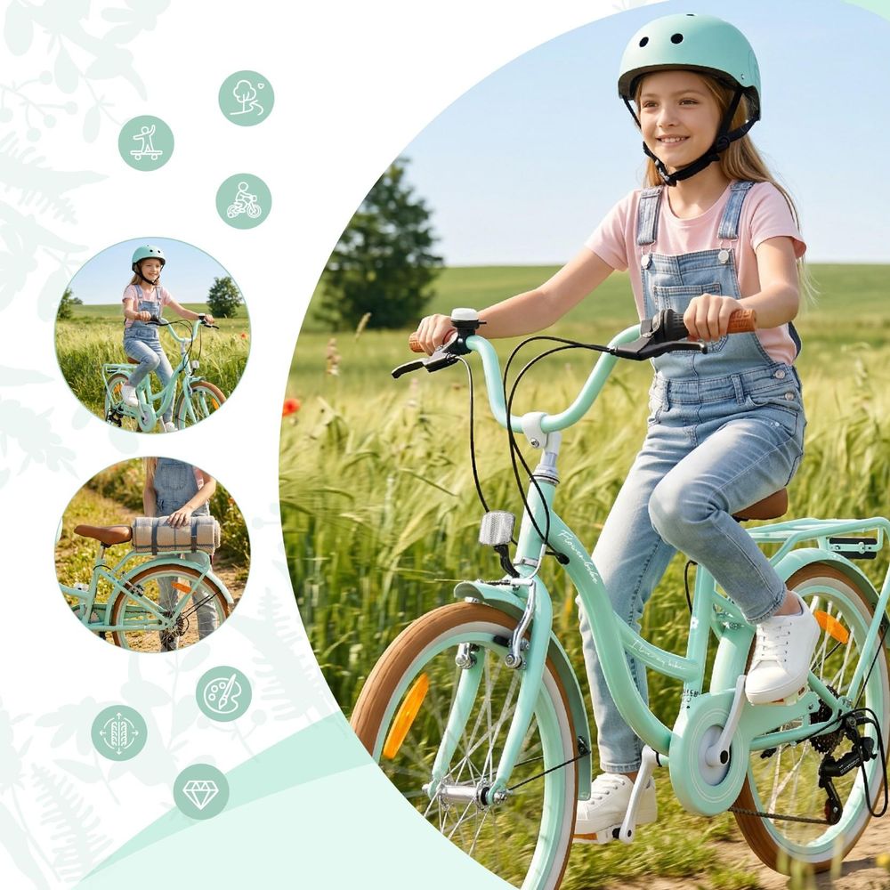 Mädchen fährt das Fahrrad auf einem Feldweg, Symbole für Sicherheit und Alltag