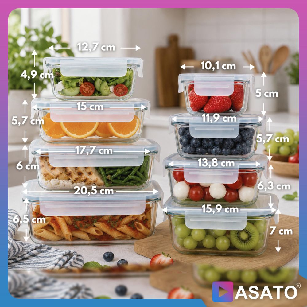 ASATO Glas-Frischhaltedosen 8er Set 150 bis 1040 ml mikrowellengeeignet