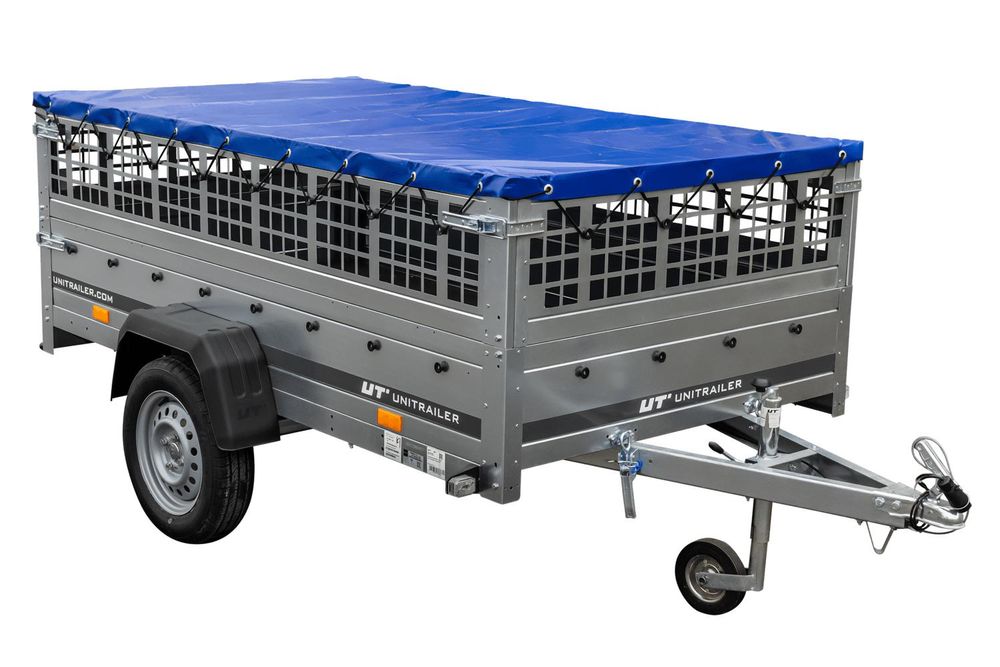 Pkw Transport Anhänger 230x125 Garden Trailer 230 KIPP mit Laubgitteraufsatz, blauer Flachplane und Stützrad