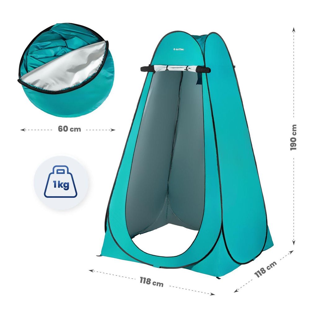 Abmessungen des Pop-up-Umkleidezeltes. Höhe 190 cm, Breite 118 cm, Gewicht 1 kg