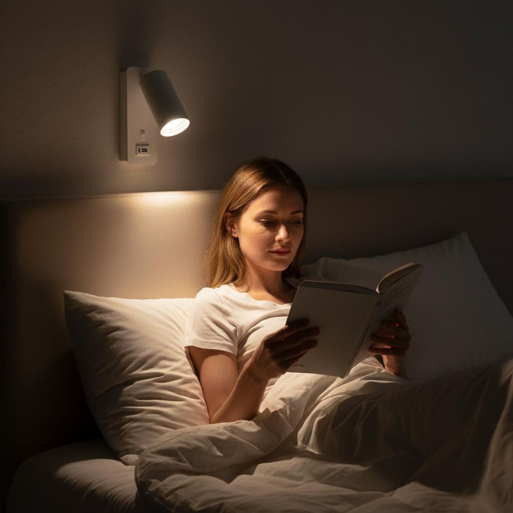 Wandleuchte mit USB-Anschluss und Spot in Weiß, montiert neben einem Bett im Schlafzimmer