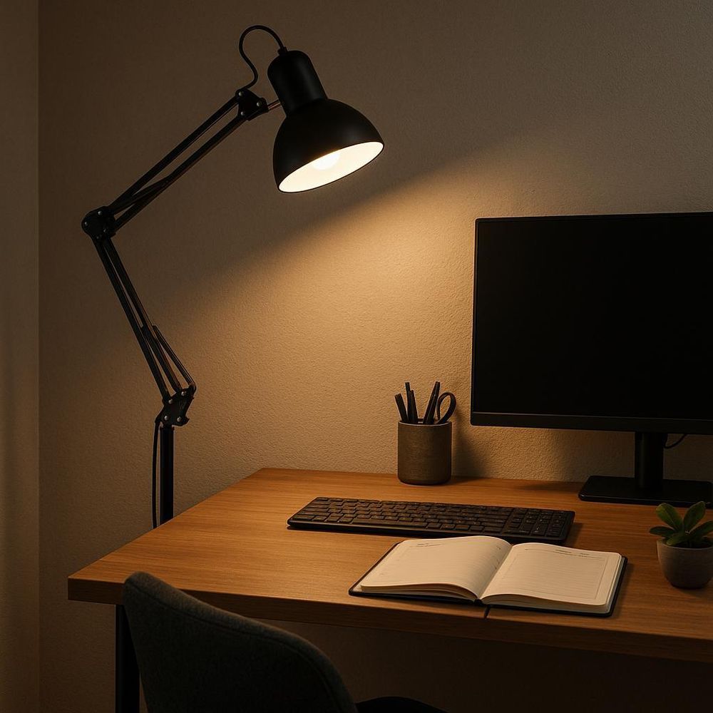 Schwarze Schreibtischlampe mit Gelenkarm beleuchtet Arbeitsplatz.