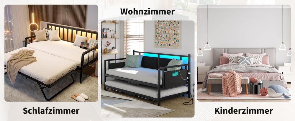 MODFU Daybett, Ausziehbett  90x200cm Schlafsofa Jugendbett Kinderbett Tagesbett,t mit quadratischer Rückenlehne,(ausziehbar auf 180 Queensize), 2 Schubladen, Ohne Matratze, Grau