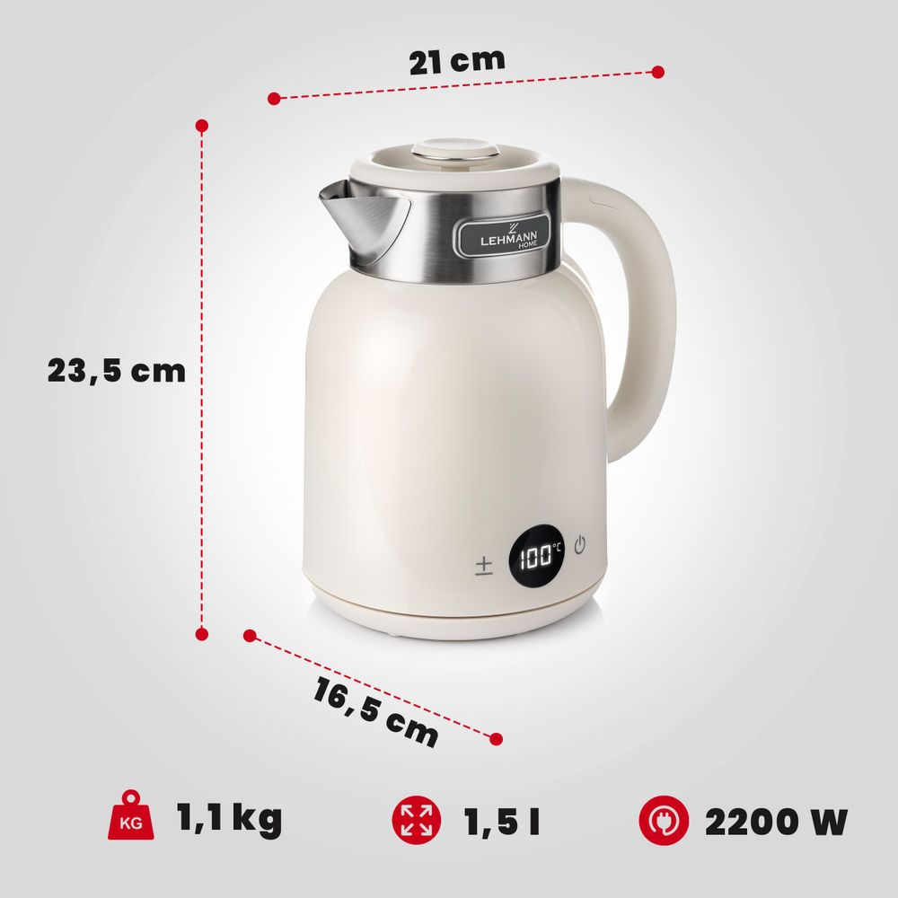 Czajnik elektryczny bezprzewodowy Lehmann Torino LHOEK-1615 pojemność 1,5L moc 2200W z regulacja temperatury