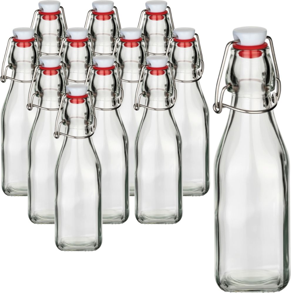 gouveo 12er Set Glasflasche 250 ml eckig mit Bügelverschluss (0,25 l) – leere Bügelflaschen zum Befüllen für Saft, Sirup, Likör, Öl & Essig (BFE250)