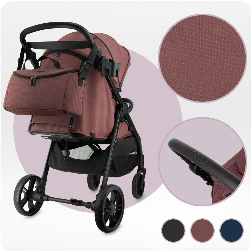 MoMi CLARA – Buggy ab Geburt, bis 22 kg, mit 4-Rad-Federung, Drehbügel & verstellbarem Schiebegriff, inkl. Tasche & Regenschutz – Burgund