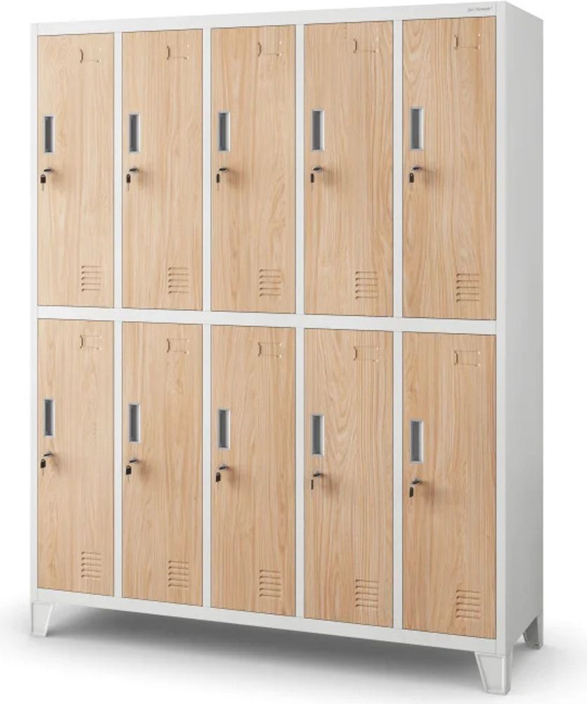Umkleideschrank 5B2A Spind Spint Schließfachschrank Metallschrank mit 10 Fächern Etikettenhalter Lüftungsschlitze Metall Pulverbeschichtet 172 cm x 136 cm x 45 cm (H x B x T) Farbe: Weiß-Holzoptik