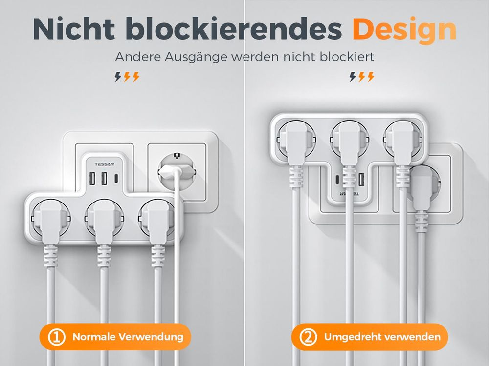 TESSAN Mehrfachstecker mit USB für Steckdose 3 Fach Steckdosenadapter mit 2 USB A und 1 USB C 3600W Mehrfachsteckdose Ladegerät Grau