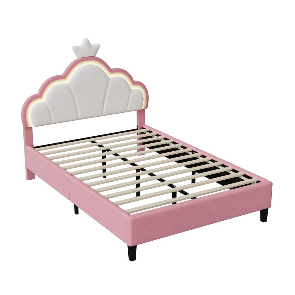 INONEFT Kinderbett 140x200 cm, Prinzessin-Polsterbett mit LED Beleuchtung, Mädchen Jugendbett mit verstellbarem Kopfteil, Kronen-Design, Samt Rosa