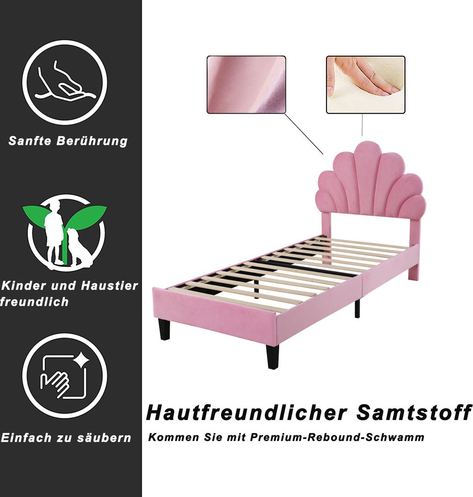Flieks Polsterbett 90x200cm Samt mit Blumenform-Kopfteil und Lattenrost Einzelbett Kinderbett für Damen Kinder Jugend
