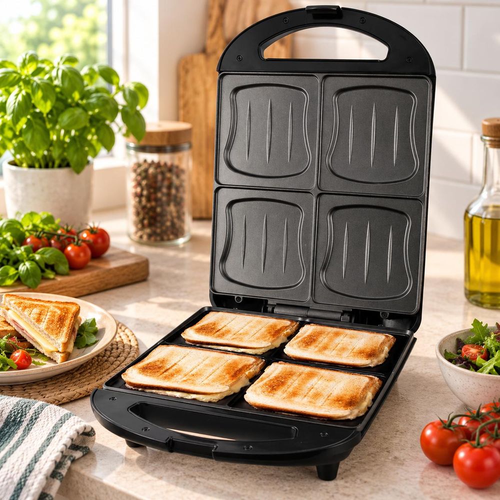 Emerio Tosti-ijzer XXL ST-111153.4 – Voor 4 Tosti’s – 1300 W – Extra Grote Bakplaten – RVS – Zwart