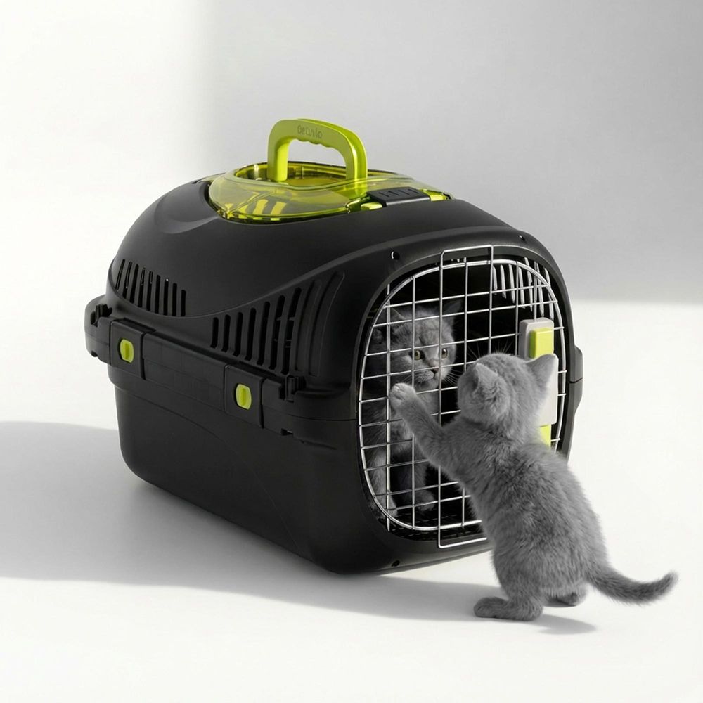 Katzentransportbox Peluvio Safy bis 5 kg, leicht & sicher, gute Belüftung, Griff, ideal für Auto & Reise - Schwarz