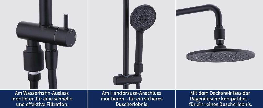 Duschsystem Regendusche Duschset mit Überkopfbrause Handbrause 2 Filter, Duschsäule mit Umsteller, Edelstahl, Vier Wassersprühfunktionen, Schwarz