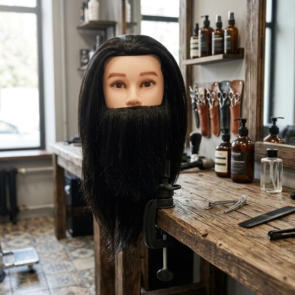 Tête à coiffer homme avec barbe Mark 50cm - Tête d'étude à cheveux thermiques + Support inclus