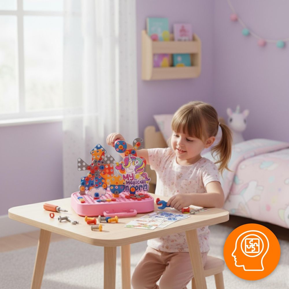 Einhorn Konstruktionsspielzeug 228 Teile, Montessori Werkzeugkasten mit Elektroschrauber, 3D Mosaik Steckspiel ab 3 Jahren, EVI TOYS Unicorn