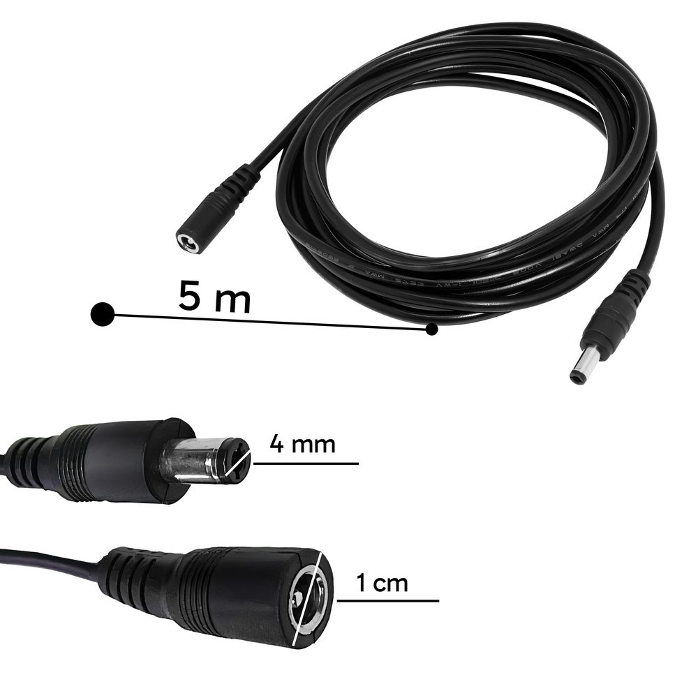 Verlängerungskabel, DC Stecker, 5,5 x 2,1mm, 12V 2A, Starkstromkabel, Gummi-Kabel, Witterungsbeständig, für Innen- und Außenbereich, 5m Schwarz Retoo