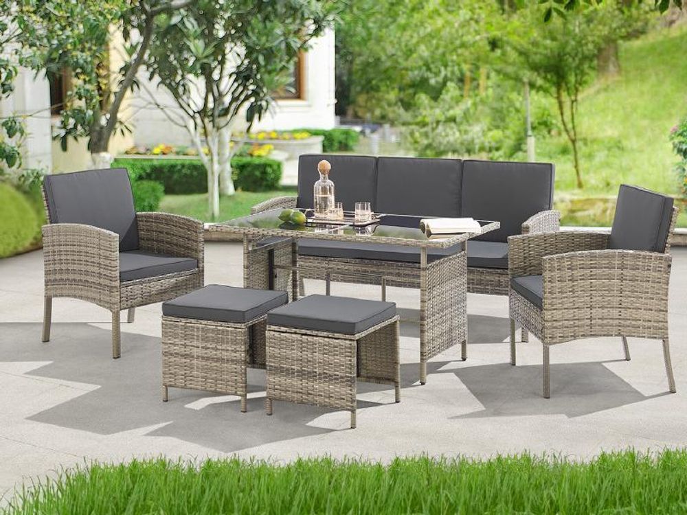 Juskys Polyrattan Gartenmöbel Sitzgruppe Turin Set 6 teilig - Outdoor Möbel grau-meliert