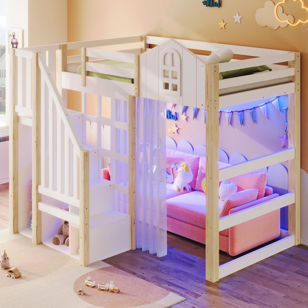 Flieks Etagenbett 90x200cm mit Led, Kinderbett Hausbett mit Bettvorhang, Hochbett Einzelbett mit Lattenrost und Rausfallschutz, Naturbelassen