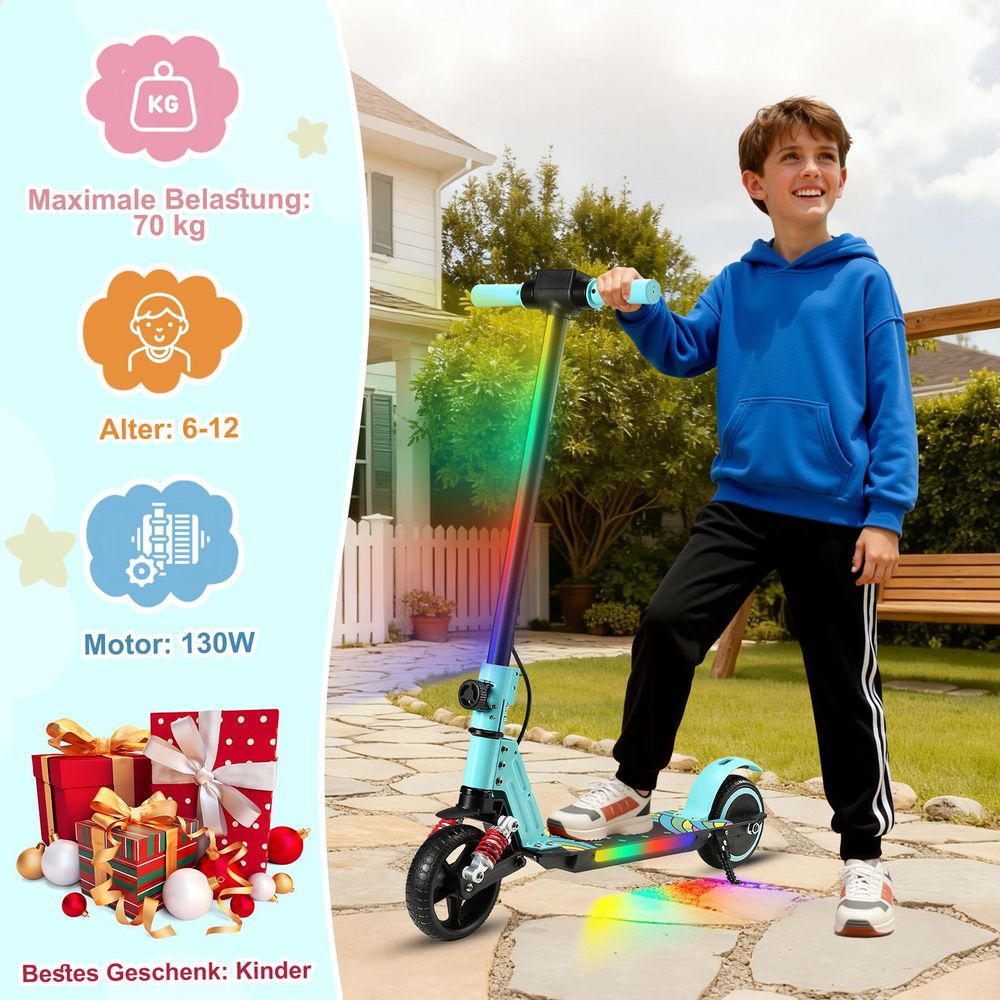 Elektroscooter Kinder Klappbar E-Scooter 14Km/h Mit LCD-Anzeige Cityroller Stoßdämpfende Funktion LED Elektroroller Himmelblau Kinderroller Für Kinder
