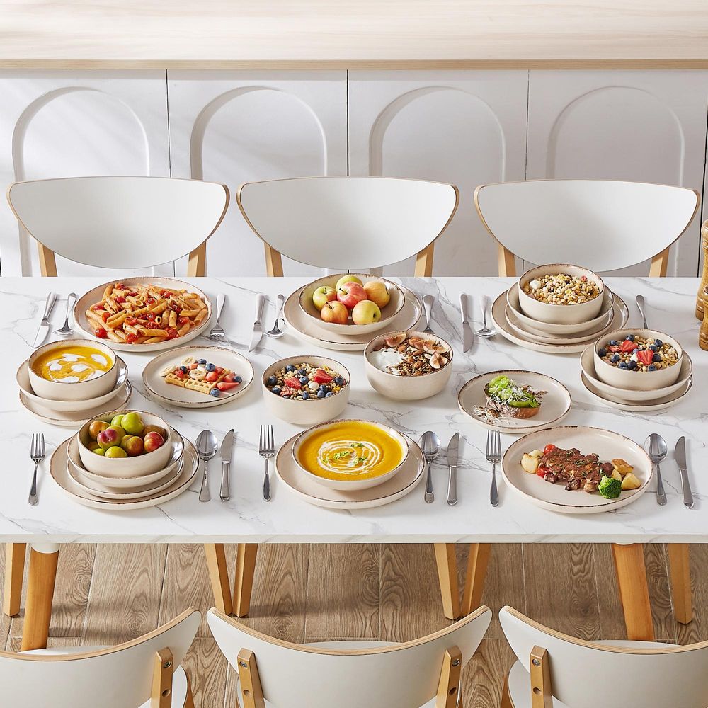 vancasso Steingut Tafelservice, 24-tlg Kombiservice für 6 Personen, Geschirrset mit Schale, Suppenteller, Dessertteller, Speiseteller, beige