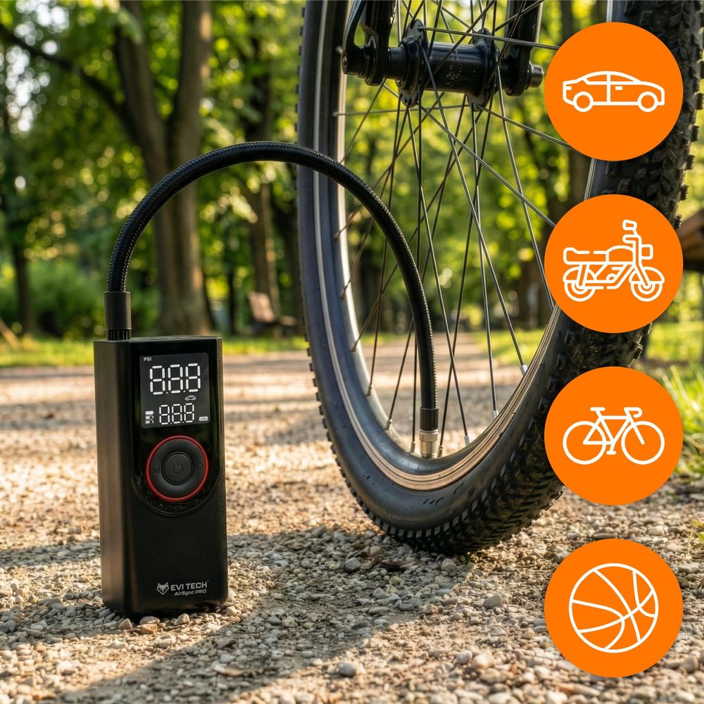 EVI TECH AirSync PRO Akku Kompressor 12 Bar Elektrische Luftpumpe 7500mAh Powerbank USB-C + 12V Kfz-Kabel für Auto Motorrad Fahrrad Tragbar Schwarz