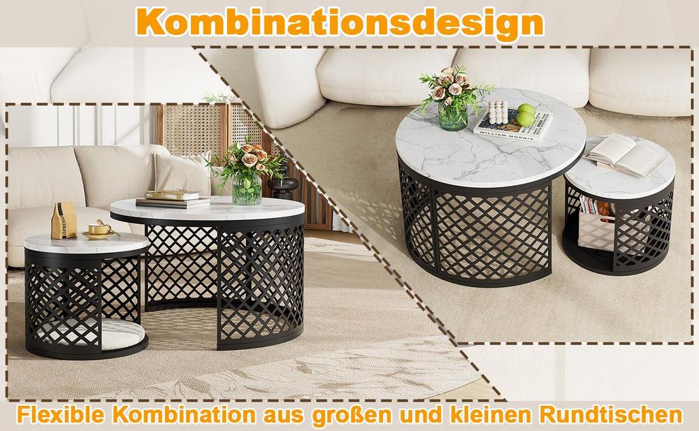 okwish 2-in-1-Couchtisch mit Stauraum, Sofatisch Tischplatte in Marmoroptik,Gitter-Hohlraum-Design, Schwarz