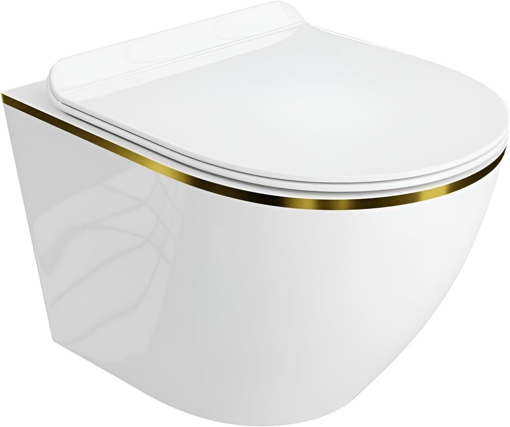 LAVITA Wand-WC Sofi Slim Gold Line|Hänge Toilette |mit Absenkautomatik & Metallscharniere | Toiletten Spülrandlos Hängend| Toilettenbecken | Weiß/Gold