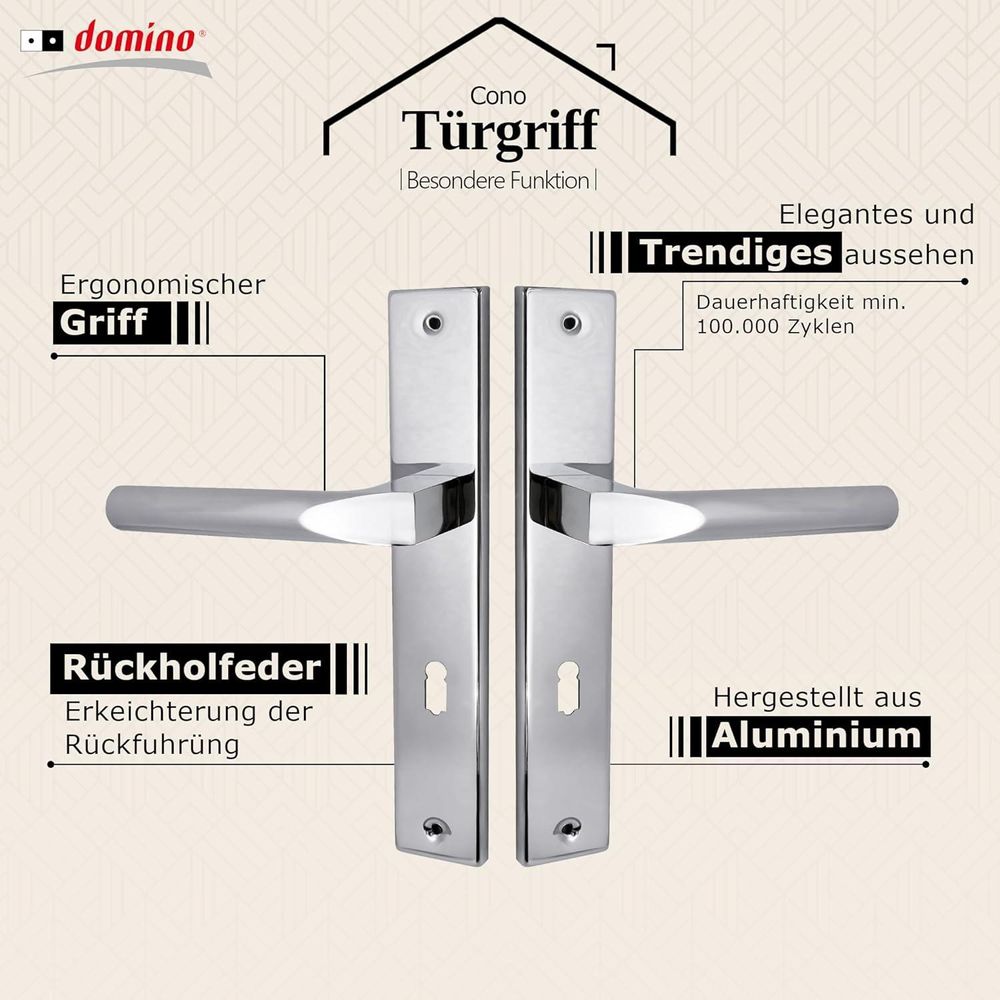Domino Türgriff CONO M6 72 BB-Buntbart Drückergarnitur Langschild für Zimmertür, Bürotür, Kellertür, Innentür, L-Form, Aluminium glänzendes Chrom