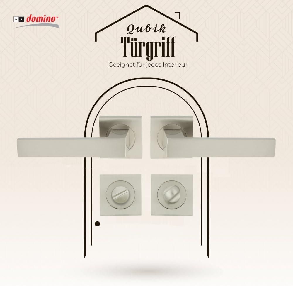 DOMINO Türgriff Drückergarnitur WC - Badezimmer Set | mit quadratischen Rosetten | für Badezimmertüren | Set WC - Rosetten-Garnitur | Türbeschläge aus Aluminium |Nickel Türdrückergarnitur | QUBIK-QR M9