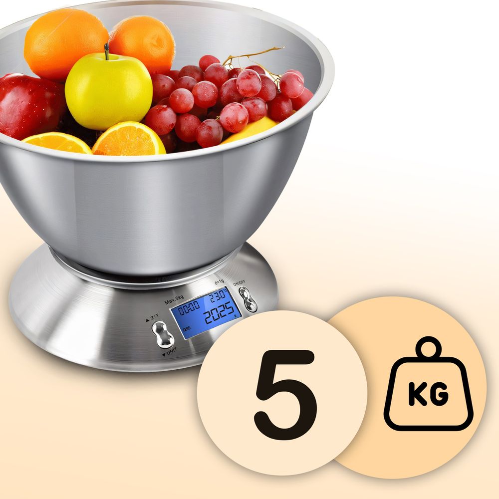 Küchenwaage Digital mit edelstahl schüssel mit LCD Display, Bis 5kg und 1 grammgenau, Elektronische Waage Feinwaage Digitalwaage Präzision Tara Retoo