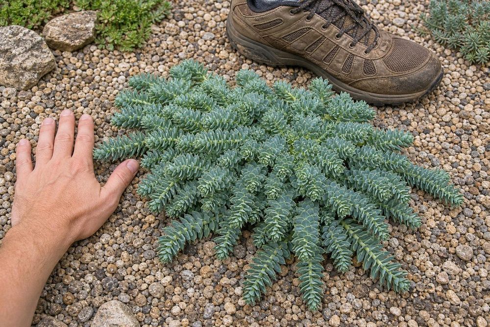 Polster neben Handspanne/Gartenschuh als ehrlicher Maßstab.
