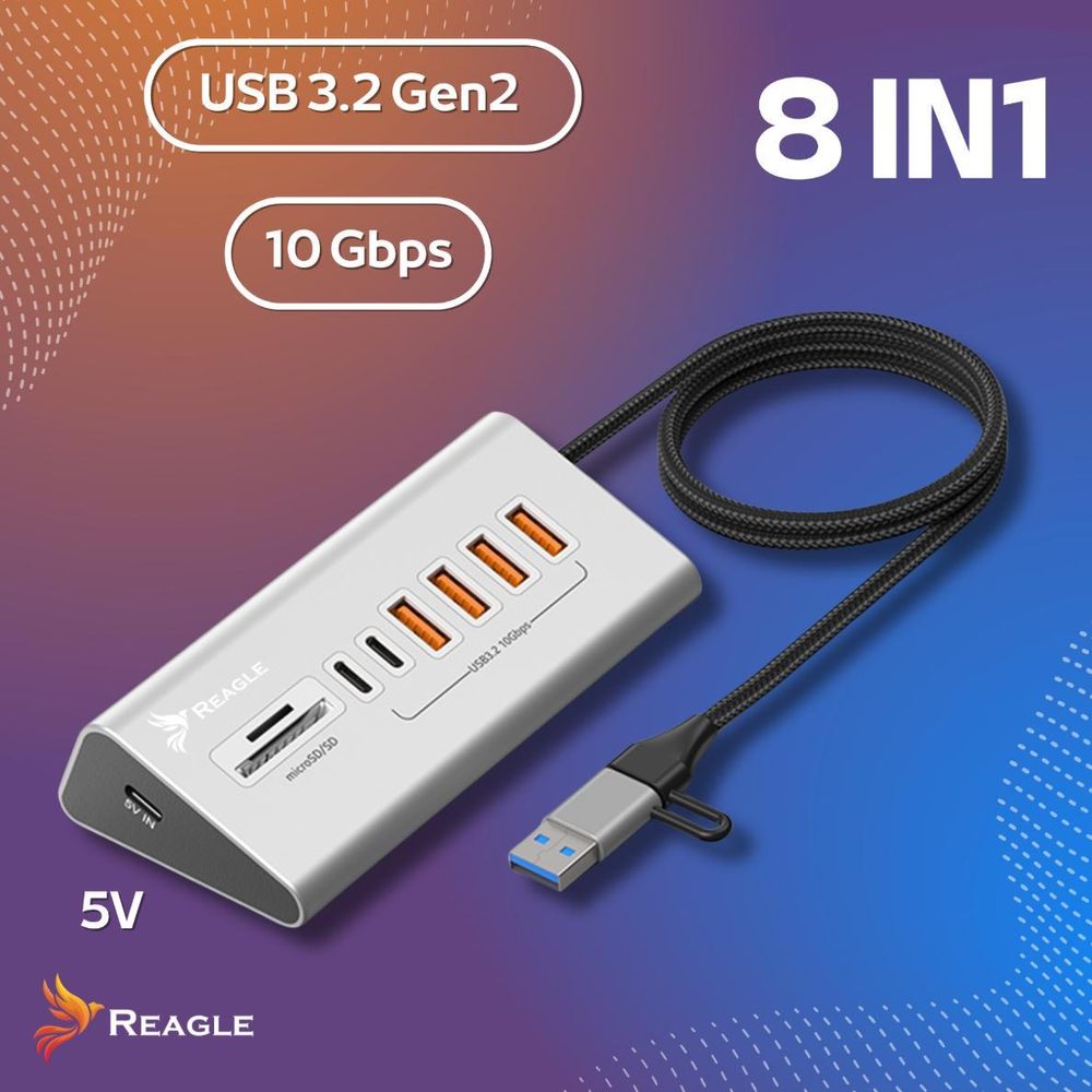 USB 3.2 Hub 8in1 10Gbps Datenübertragung mit SD und MicroSD Kartenleser 2in1 USB C und USB A Stecker für PC Laptop MacBook Air Pro Aluminium
