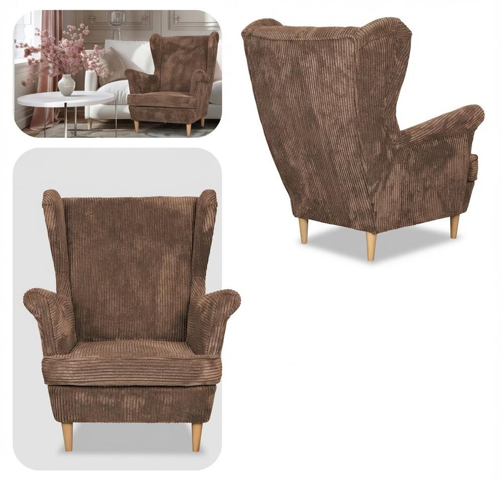 Ohrensessel ARI Bonito – skandinavischer Sessel mit Cord-Bezug, Braun, Family Meble