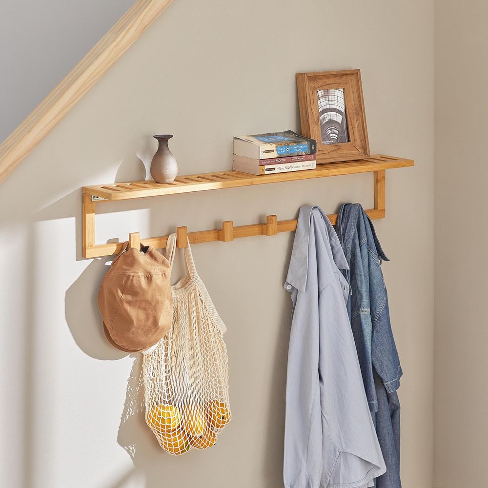 SoBuy Flurgarderobe Badregal Wandgarderobe mit 6 Haken und Ablage Handtuchhalter aus Bambus BHT ca: 90x16,5x12,5cm FHK06-N