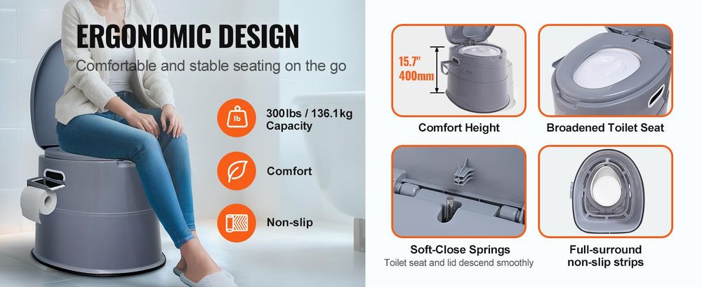 VEVOR Tragbare Toilette für Camping, Porta Potty mit 1,3 Gallonen abnehmbarem Inneneimer & abnehmbarem Papierhalter, Kommode mit doppelten Deckeln, Reisetoilette für Erwachsene und Kinder für Outdoor-Camping, Auto und lange Roadtrips, Toilettenpapier+Handyhalter und Tragfähigkeit: 300 lbs, Nein