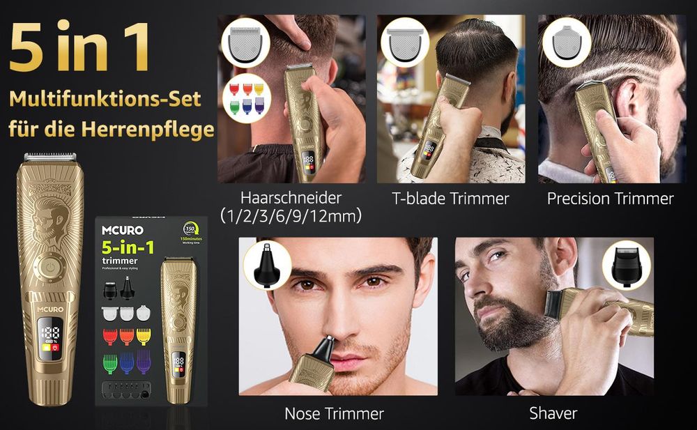 MCURO 5-in-1 Profi-Haarschneider – Leistungsstarker 7500-RPM Trimmer mit Edelstahlklingen, LED-Display, USB-C-Schnellladung, 6 Schnittlängen, vielseitigen Aufsätzen, Gold