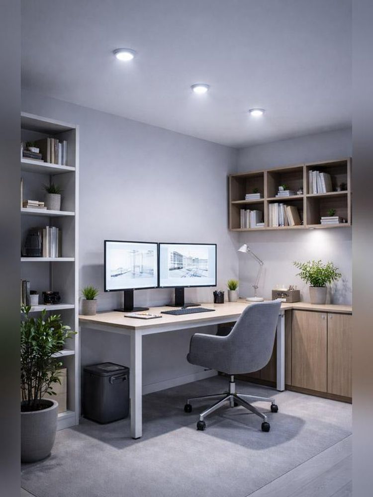 Das Bild zeigt ein modernes Büro mit kaltweißem Licht.