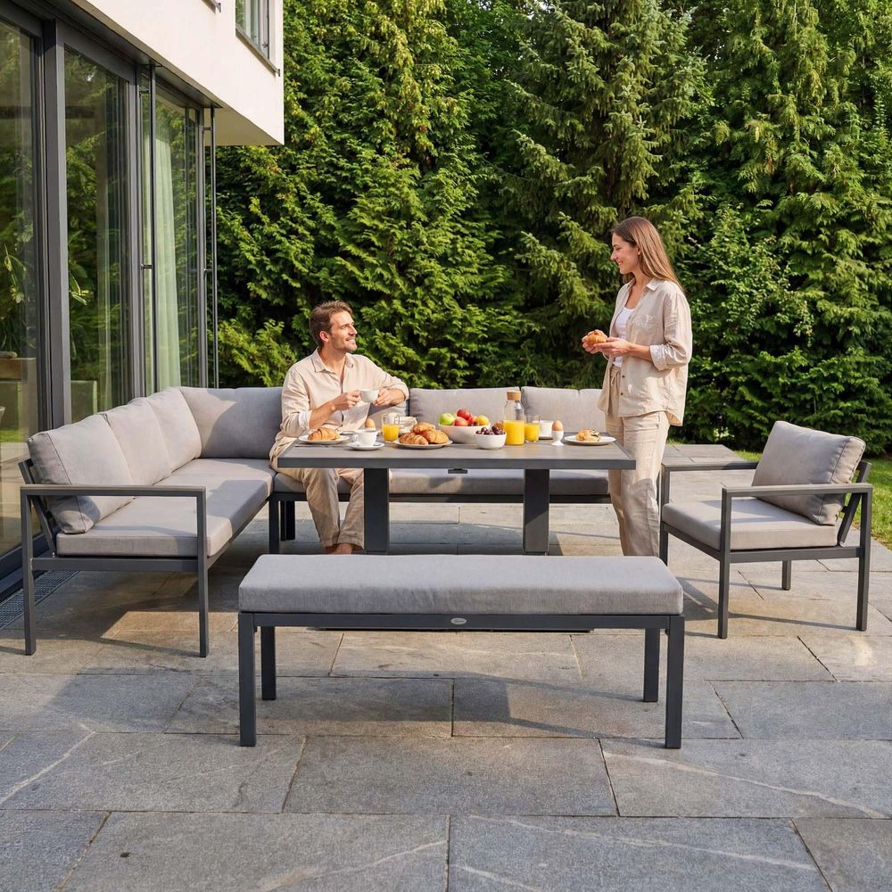 di volio Gartenmöbel Set Noli – grau, Outdoor Lounge aus Aluminium mit höhenverstellbarem Kunstholz–Tisch, wetterfest & bequem für 10 Personen