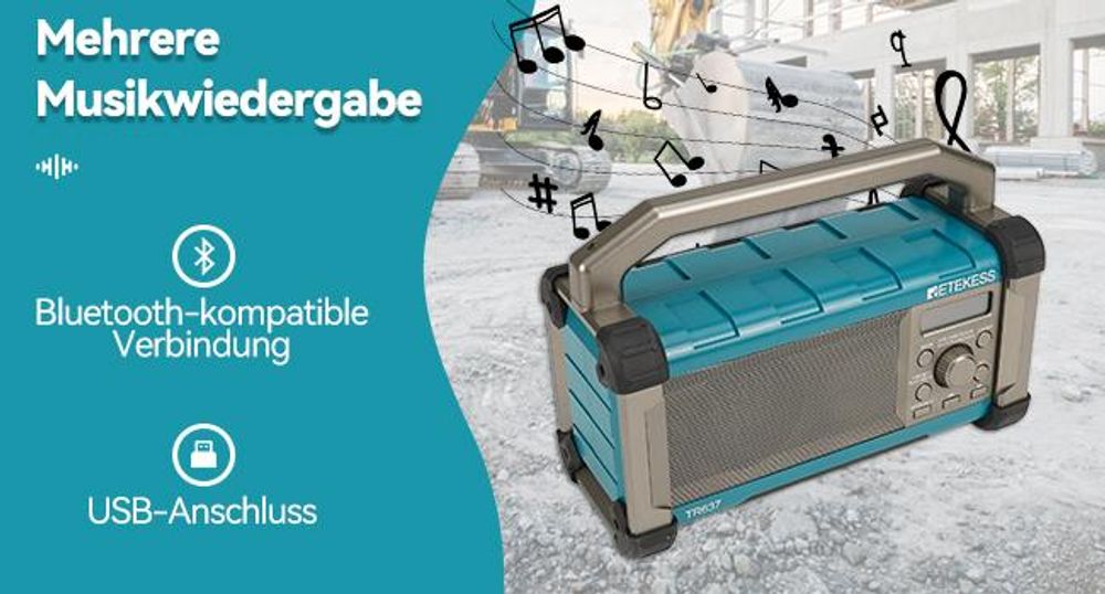 Retekess TR637 Baustellenradio mit Bluetooth, FM AM mit 5000 mAh leistungsstarkem Akku, IP54 staubdicht und wasserdicht mit USB-Ladegerät Tragegriff